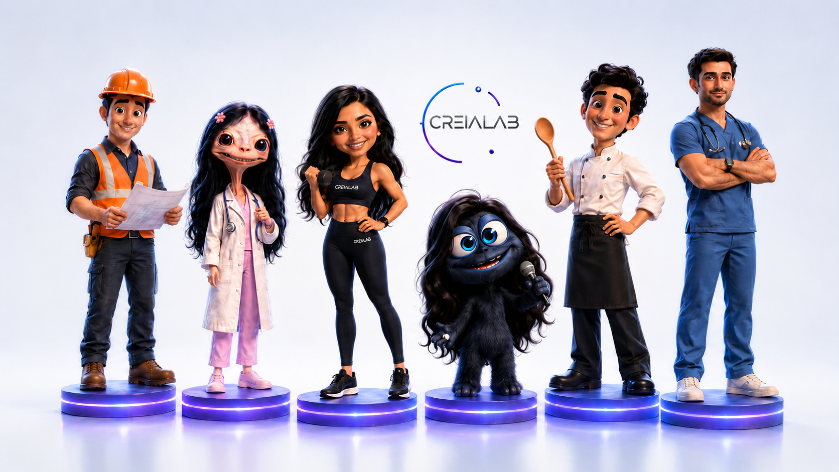 Equipo CREIALAB con 6 personajes animados de distintas profesiones