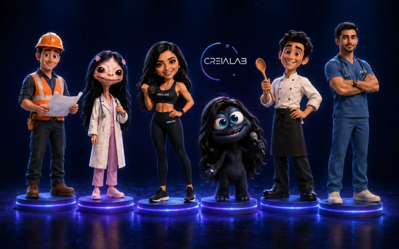 Equipo CREIALAB con 6 personajes animados de distintas profesiones